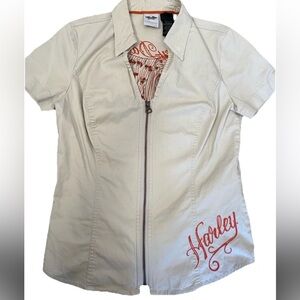 Harley Davidson Women's Short Sleeve Full Zip Mechanic Style Eagle Embroidery